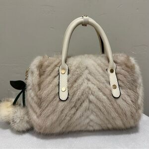 Ivory Real Mink Fur & Leather Handles Handmade Boston Bag & Mink Fur Bag Charm